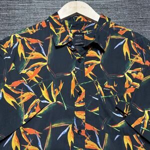 RVCA Shirt Men's Large REG Black Botanical SS Hawaiian Button Byrd Of Paradise